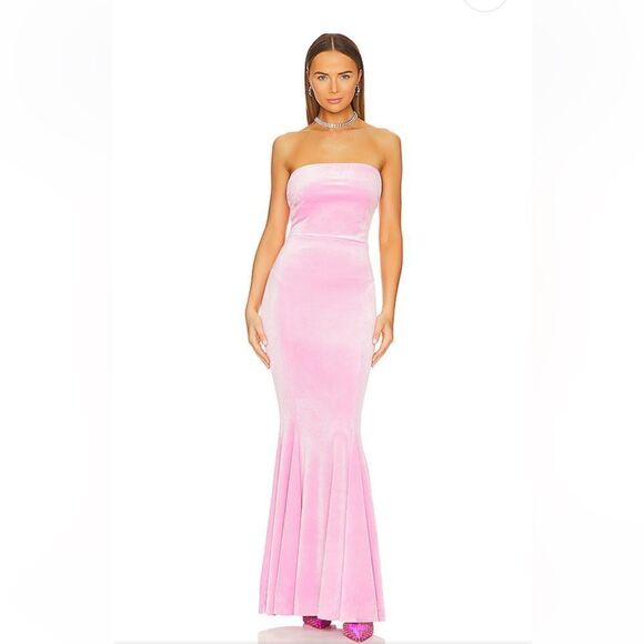 Norma Kamali Fishtail Gown Candy Pink Velvet strapless maxi dress Revolve - Picture 1 of 10